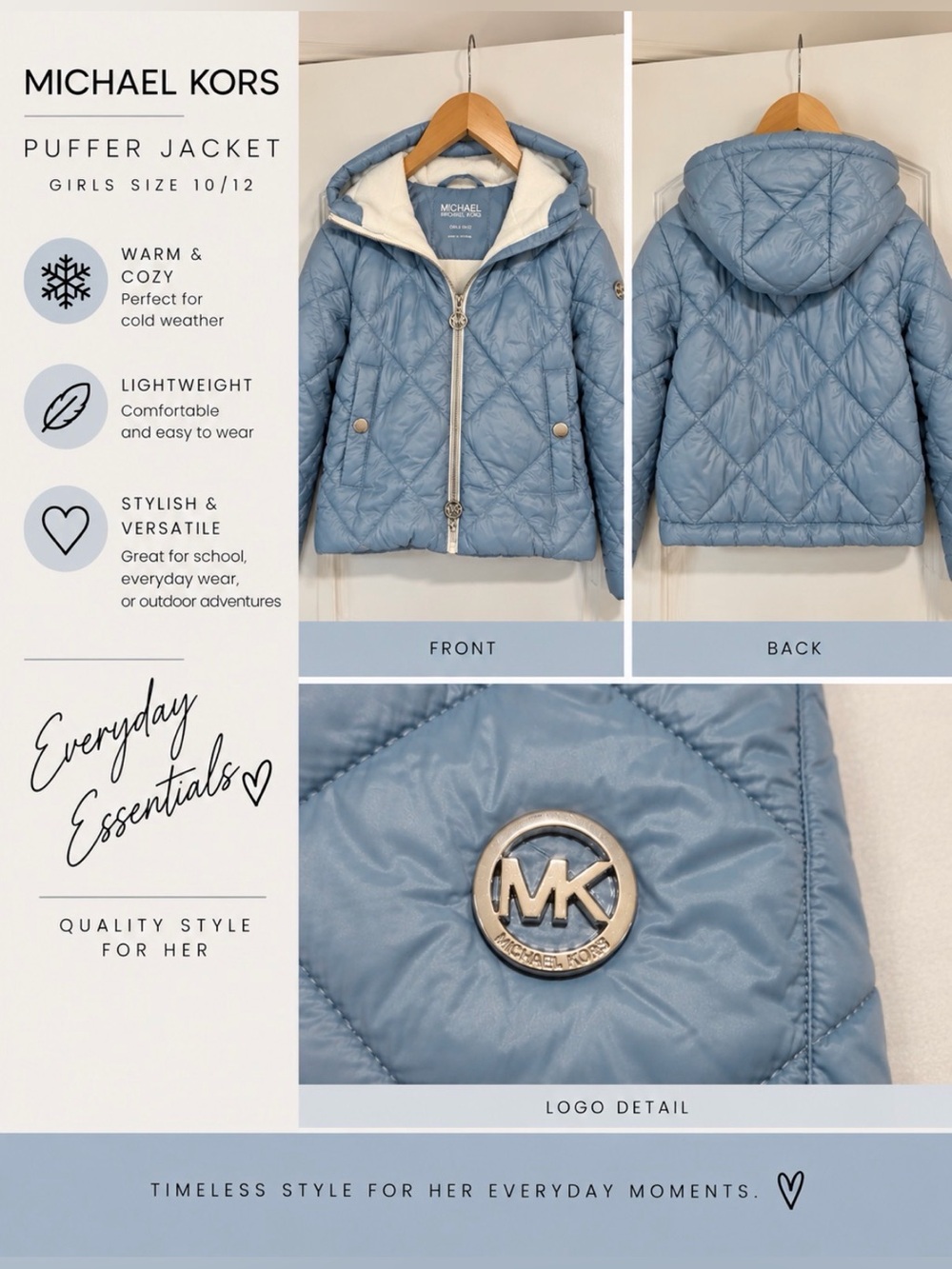 Girls Michael Kors Light Blue Hooded Quilted Puffer Jacket NWOT